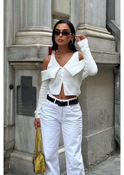 Kadın Ekru Kruvaze Triko Uzun Kollu Hırka