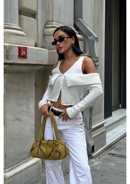 Kadın Ekru Kruvaze Triko Uzun Kollu Hırka modelleri