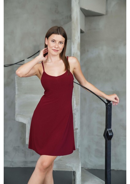 Ince Askılı Sırt Dekolteli V Yaka Kloş Elbise -Bordo fiyatları