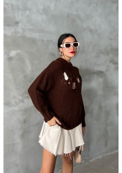 Kadın Kahverengi Oversize Triko Yarım Balıkçı Yaka Kazak modelleri