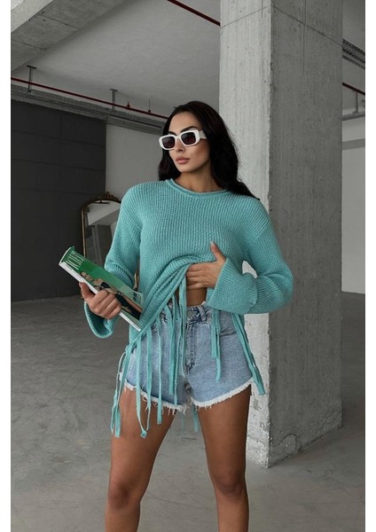 Kadın Mint Bisiklet Yaka Triko Slim Kazak fiyatları