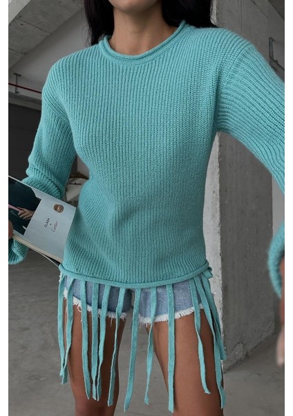 Kadın Mint Bisiklet Yaka Triko Slim Kazak modelleri