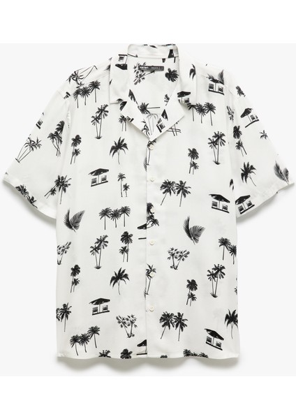 Kısa Kollu Devrik Yaka Regular Fit Viskon Palmiye Desenli Gömlek modelleri