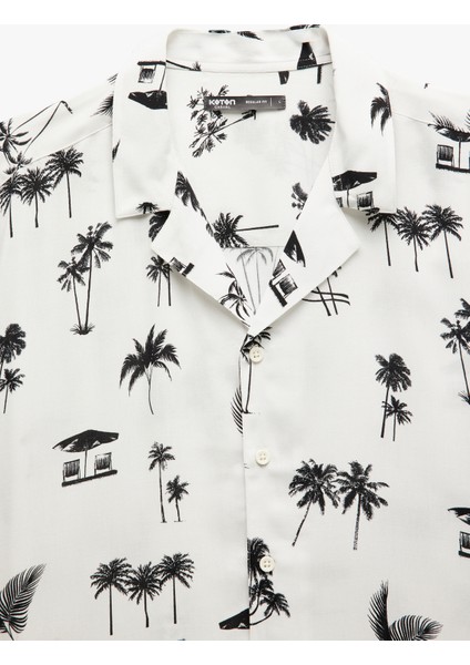 Kısa Kollu Devrik Yaka Regular Fit Viskon Palmiye Desenli Gömlek