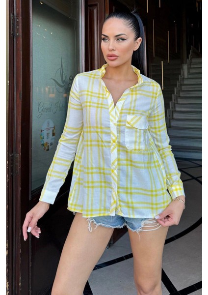 Kadın Sarı Uzun Kol, Ekose Desenli, Tek Cep, Hakim Yaka Terletmez, Salaş Tunik Gömlek