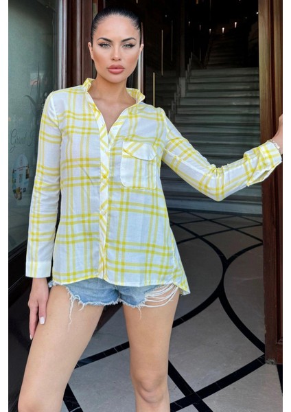 Kadın Sarı Uzun Kol, Ekose Desenli, Tek Cep, Hakim Yaka Terletmez, Salaş Tunik Gömlek fiyatları