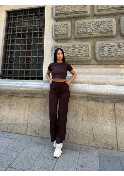 Kahve Modal Elastan Bisiklet Yaka Takım modelleri