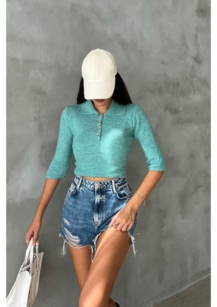 Kadın Mint Triko Pamuk Elastan Crop Kazak