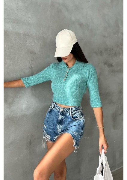 Kadın Mint Triko Pamuk Elastan Crop Kazak fiyatları