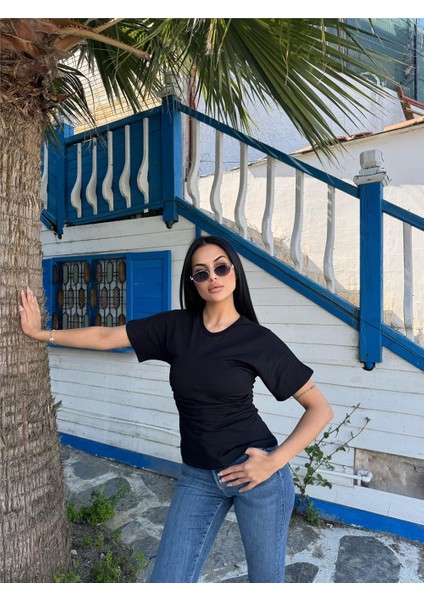 Siyah Pamuklu Yandan Büzgülü Bluz indirimleri