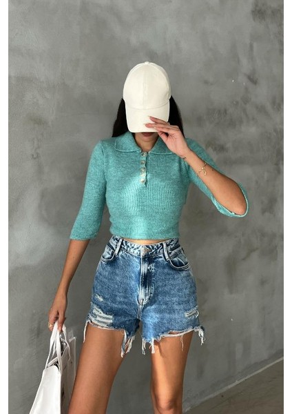 Kadın Mint Triko Pamuk Elastan Crop Kazak modelleri