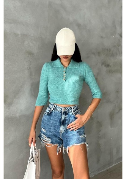 Kadın Mint Triko Pamuk Elastan Crop Kazak indirimleri