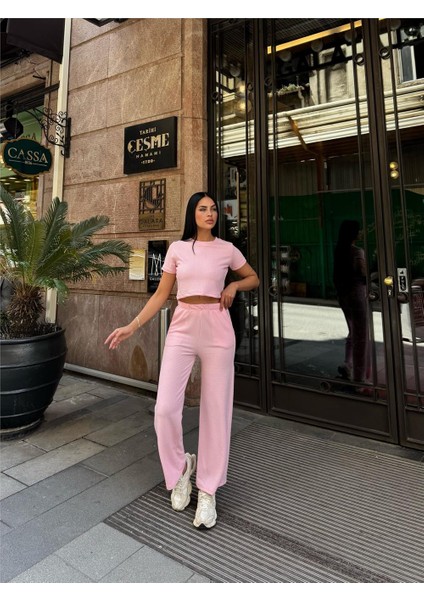 Pembe Modal Keten Dokulu Bisiklet Yaka Takım modelleri