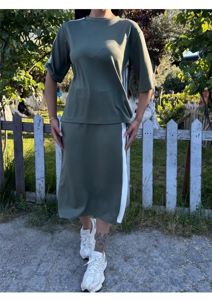 Haki Pamuk Yandan Çizgili Midi Takım