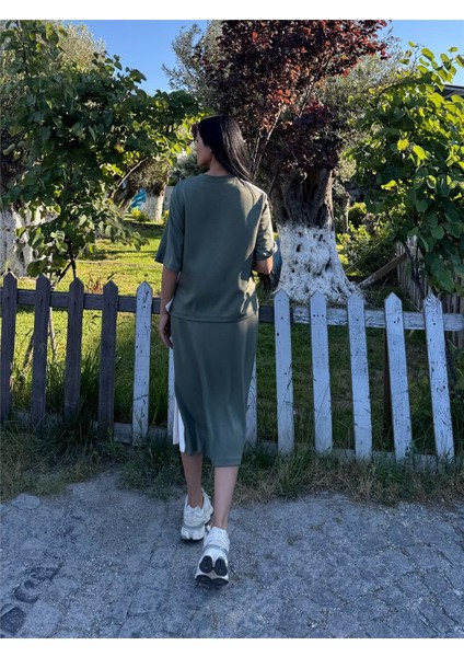 Haki Pamuk Yandan Çizgili Midi Takım fiyatları