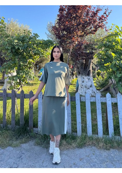 Haki Pamuk Yandan Çizgili Midi Takım modelleri