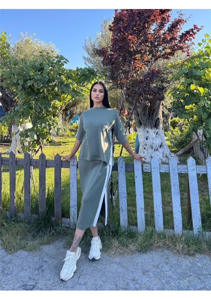 Haki Pamuk Yandan Çizgili Midi Takım fırsatları