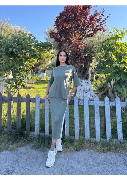 Haki Pamuk Yandan Çizgili Midi Takım indirimleri