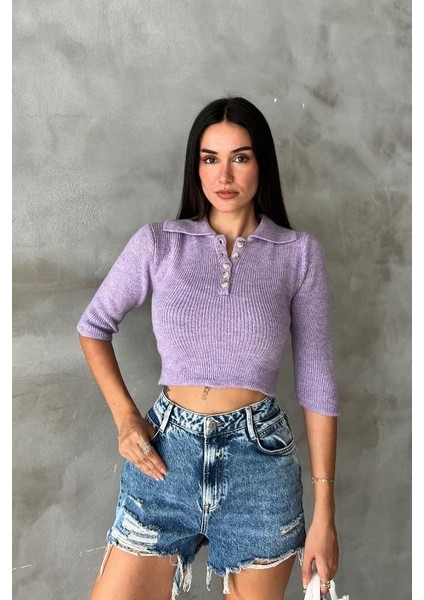 Kadın Lila Pamuk Elastan Triko Gömlek Yaka Crop Kazak