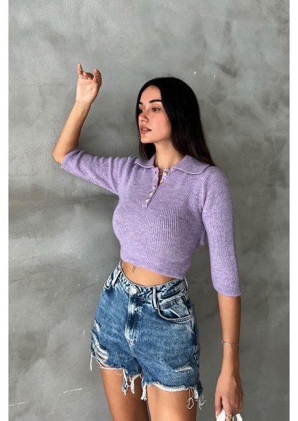 Kadın Lila Pamuk Elastan Triko Gömlek Yaka Crop Kazak fiyatları