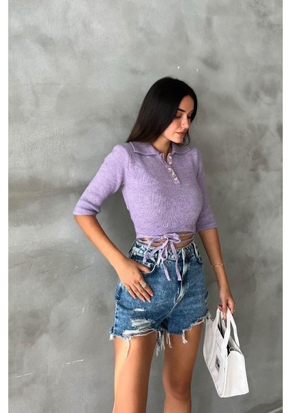 Kadın Lila Pamuk Elastan Triko Gömlek Yaka Crop Kazak modelleri