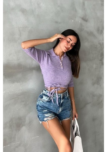 Kadın Lila Pamuk Elastan Triko Gömlek Yaka Crop Kazak fırsatları