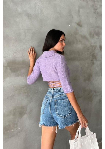 Kadın Lila Pamuk Elastan Triko Gömlek Yaka Crop Kazak indirimleri