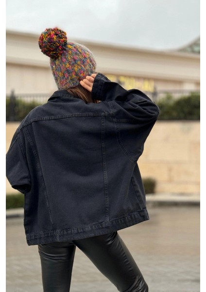 Kadın Siyah Apaş Yaka, Çift Cepli, Kaliteli Jeans Kumaş, Salaş Kot Ceket fiyatları