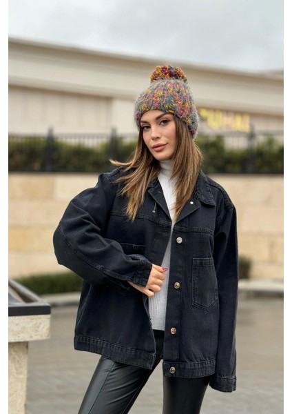 Kadın Siyah Apaş Yaka, Çift Cepli, Kaliteli Jeans Kumaş, Salaş Kot Ceket modelleri