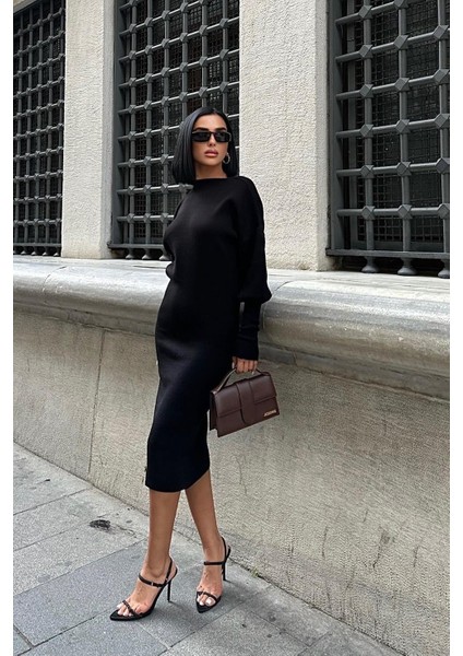 Kadın Siyah Akrilik Balon Kol Midi Elbise