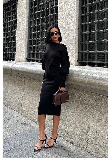 Kadın Siyah Akrilik Balon Kol Midi Elbise modelleri