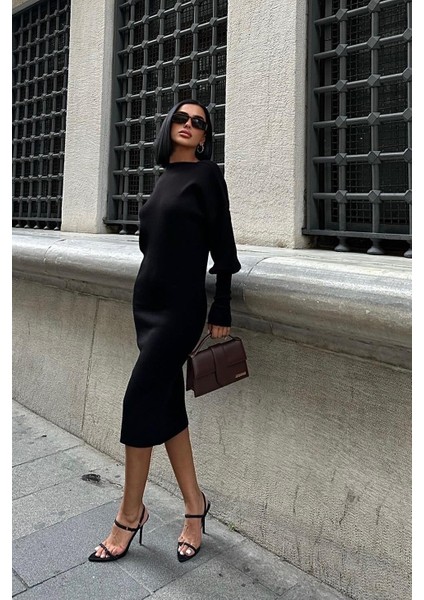 Kadın Siyah Akrilik Balon Kol Midi Elbise fırsatları