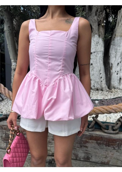 Pembe Kare Yaka Balon Kollu Bluz