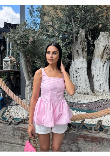 Pembe Kare Yaka Balon Kollu Bluz fırsatları