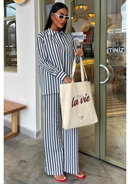 Kadın Mavi Çizgili Oversize Wual Gömlek Takım
