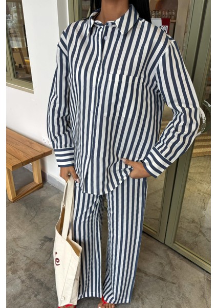 Kadın Mavi Çizgili Oversize Wual Gömlek Takım modelleri