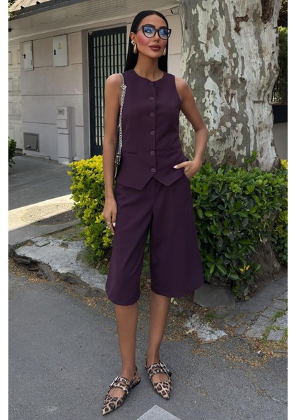 Kadın Mürdüm Viskon Midi Şortlu Kolsuz Standart Takım