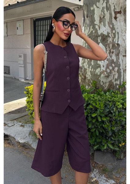 Kadın Mürdüm Viskon Midi Şortlu Kolsuz Standart Takım fiyatları