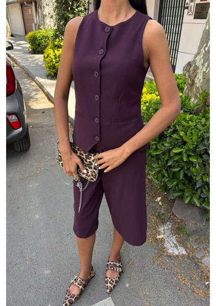 Kadın Mürdüm Viskon Midi Şortlu Kolsuz Standart Takım modelleri