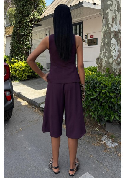 Kadın Mürdüm Viskon Midi Şortlu Kolsuz Standart Takım fırsatları