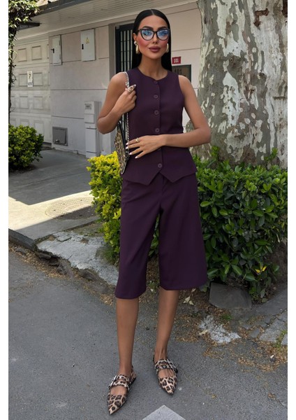 Kadın Mürdüm Viskon Midi Şortlu Kolsuz Standart Takım indirimleri