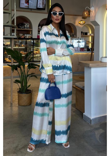 Kadın Multi Batik Desenli Uzun Kollu Saten Takım