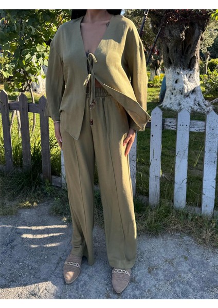 Haki Kruvaze Saten Bağlamalı Takım