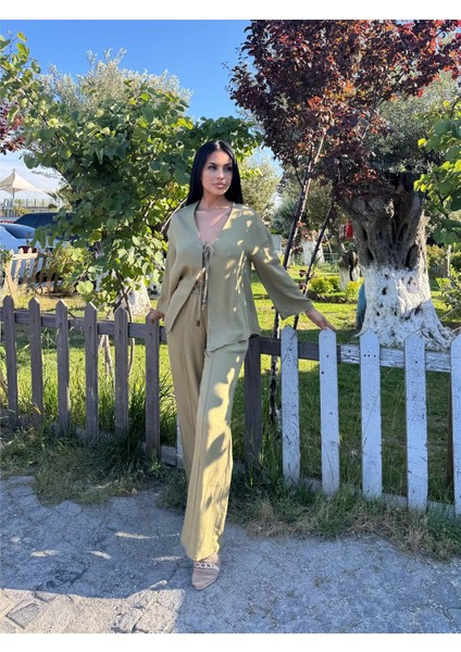 Haki Kruvaze Saten Bağlamalı Takım modelleri