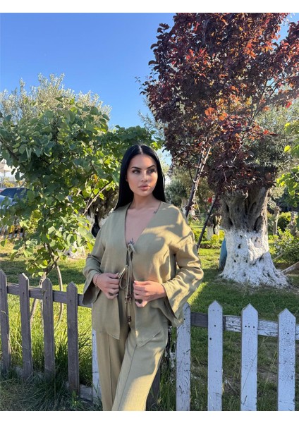 Haki Kruvaze Saten Bağlamalı Takım indirimleri