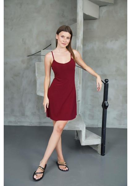 Ince Askılı Sırt Dekolteli V Yaka Kloş Elbise -Bordo modelleri