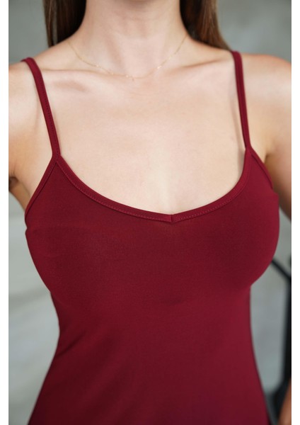 Ince Askılı Sırt Dekolteli V Yaka Kloş Elbise -Bordo fırsatları