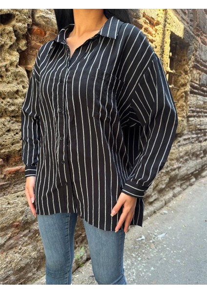Siyah Çizgili Oversize Pamuklu Düğmeli Gömlek