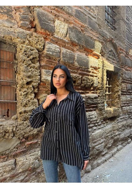 Siyah Çizgili Oversize Pamuklu Düğmeli Gömlek indirimleri