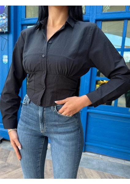 Siyah Desenli Polyester Parçalı Gömlek